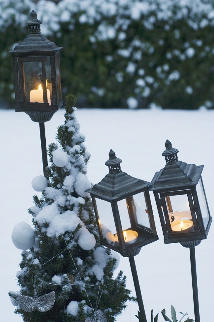 Storm lanterns in garden in winter