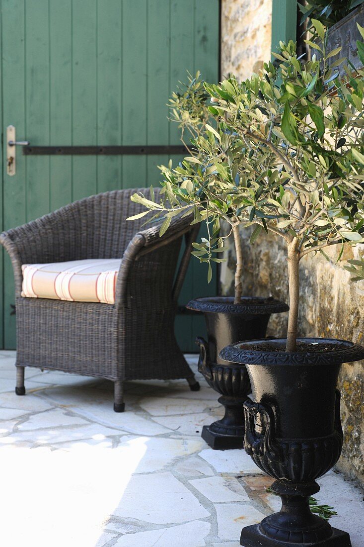 Two flower pots and wicker chair on terrace of a country house