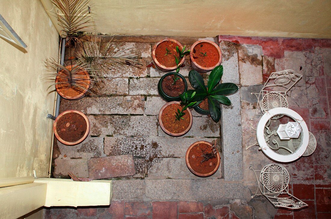 Bird's eye view of terrace chairs and planters in rustic courtyard