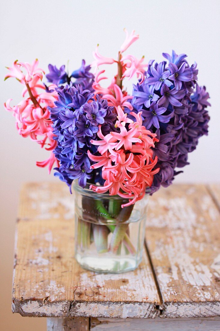 Bouquet of hyacinths in water glass on rustic wooden bench