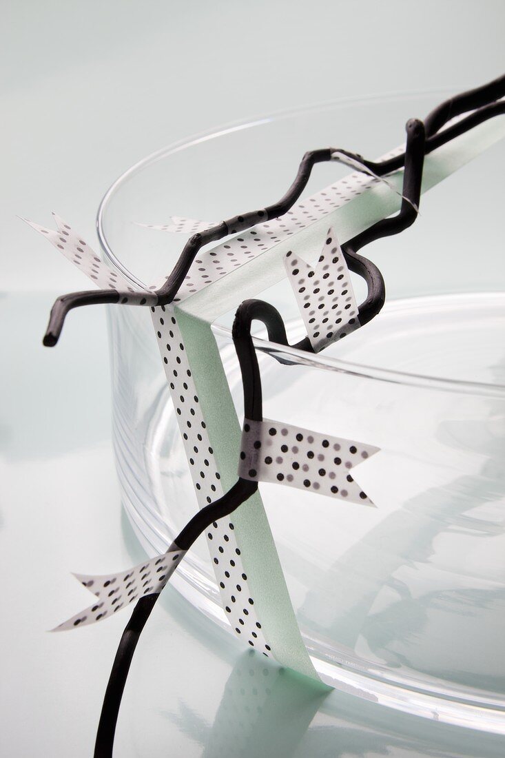 A glass bowl and a black painted decorative twig decorated with masking tape