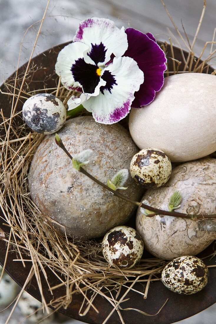 Top view of dish decorated with bird's eggs and pansy in straw nest