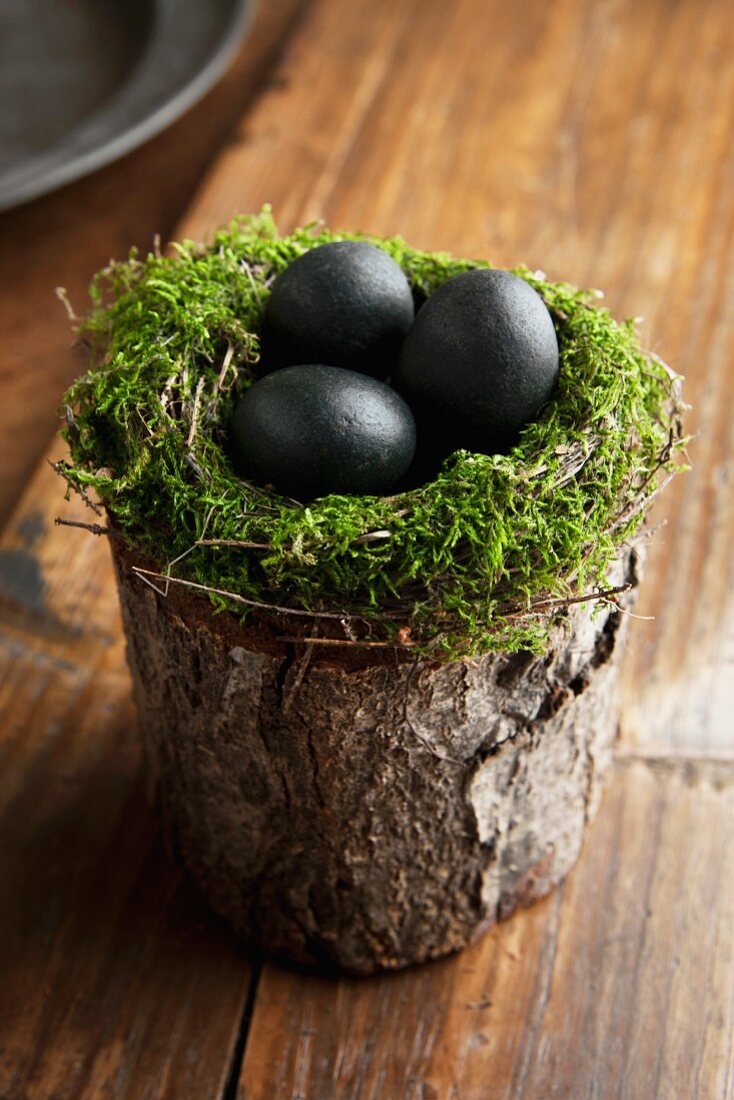 Easter eggs in moss nest on wooden surface