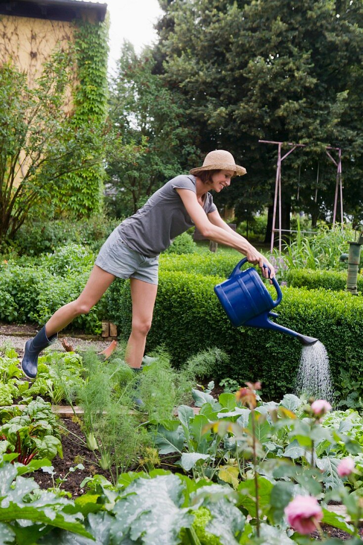 Woman watering plants in backyard