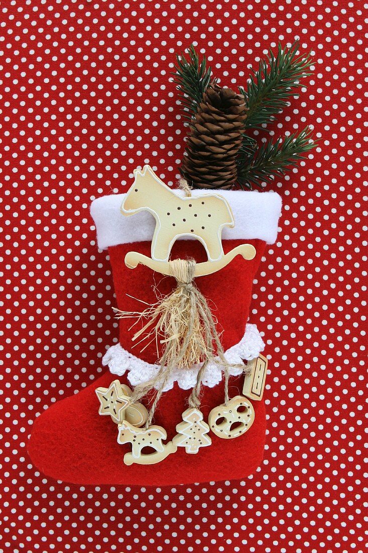 Felt Christmas stocking with wooden decorations