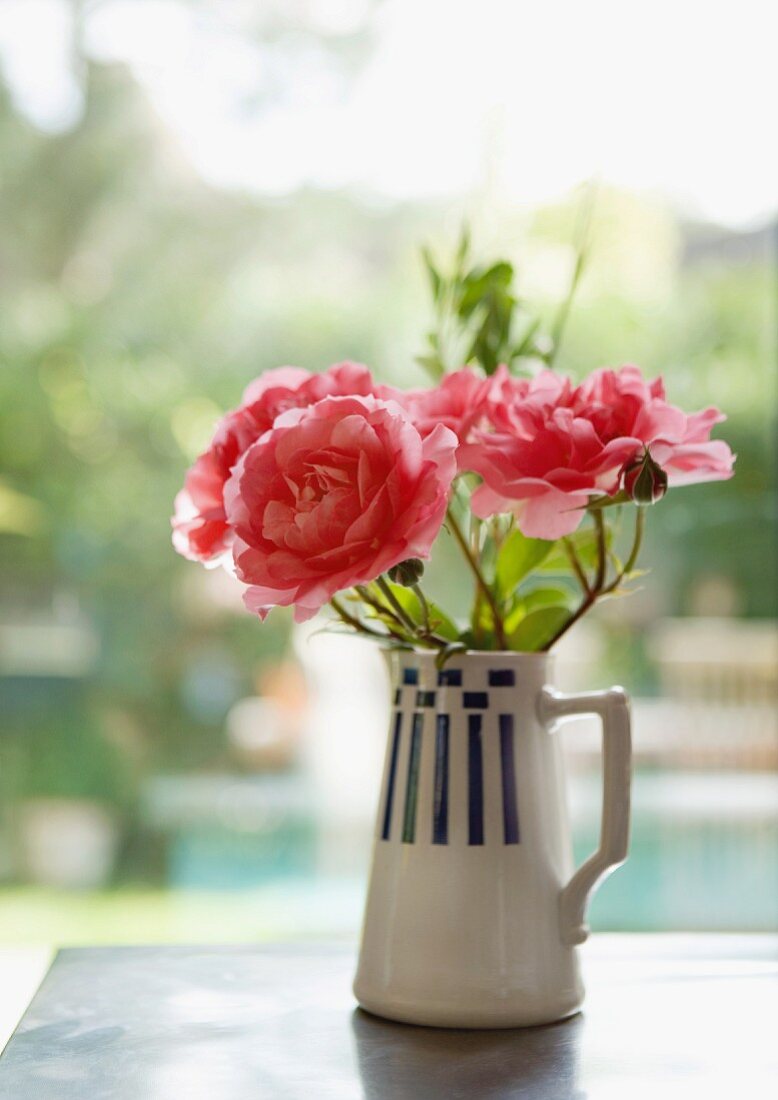 Blühende Rosen in Porzellankrug