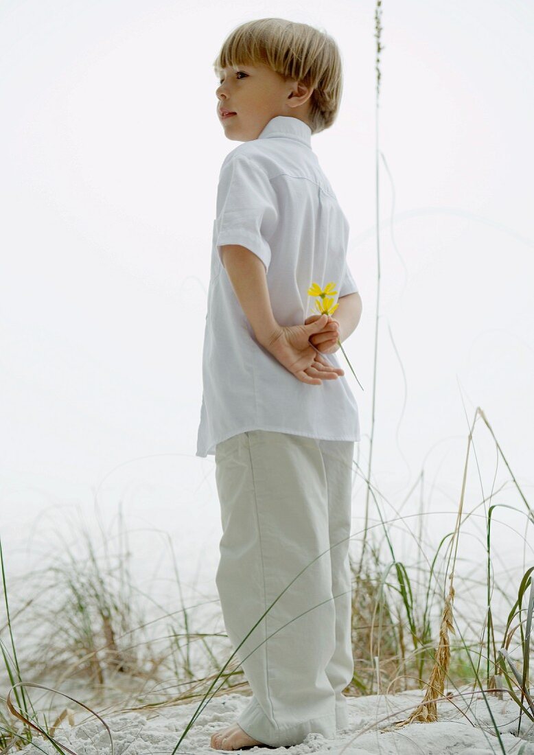 Kleiner Junge am Strand hält Blume auf dem Rücken