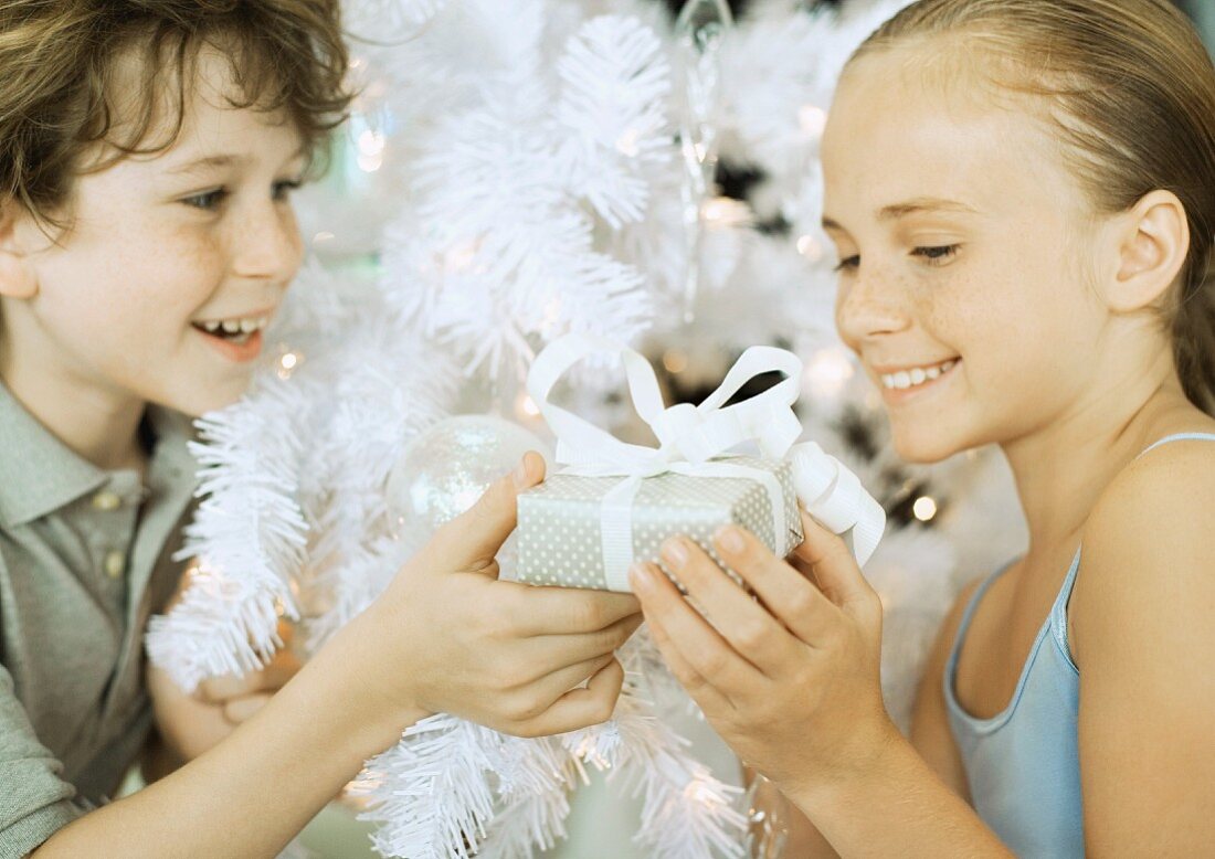 Kinder vor Weihnachtsbaum mit einem Geschenk in den Händen