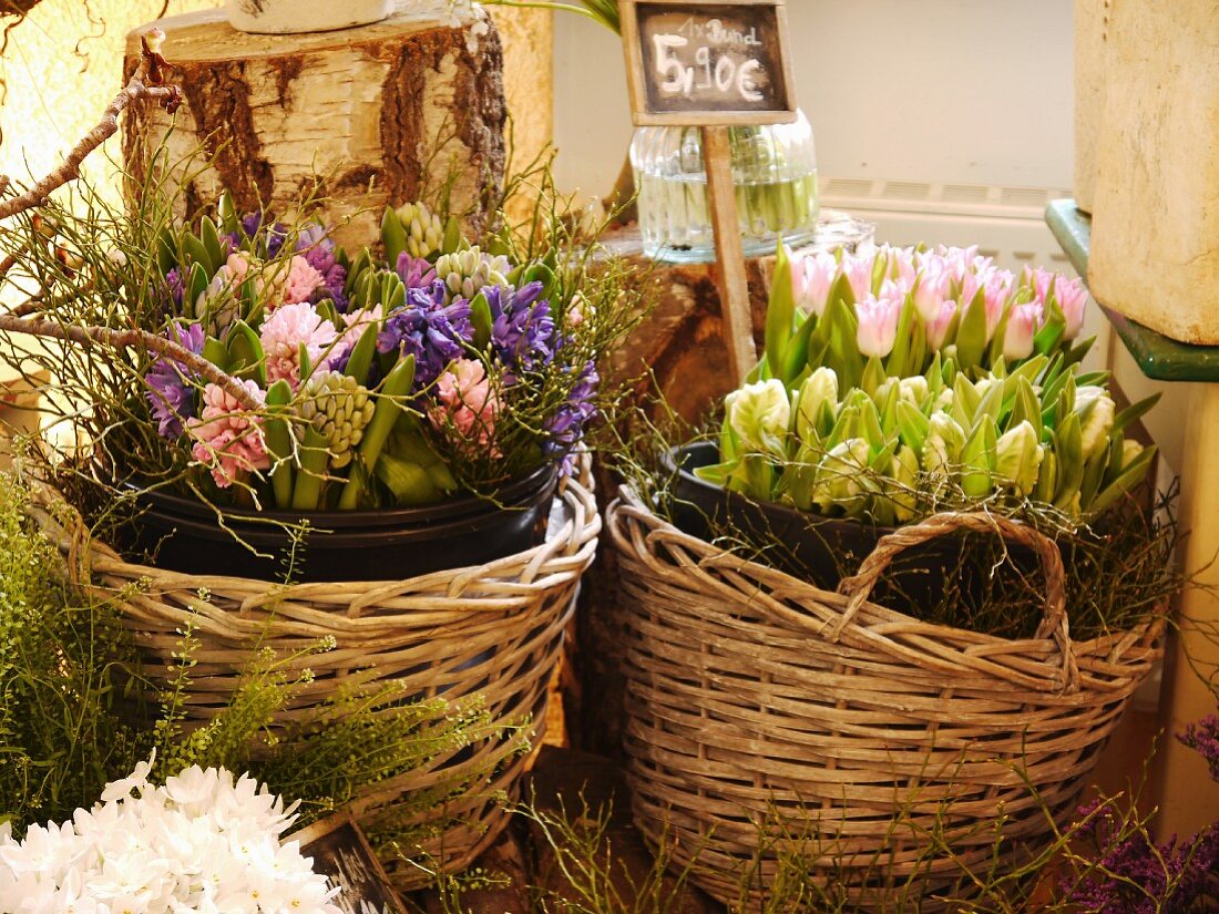 Frühlingsblumen in Körben zum Verkauf im Blumenladen