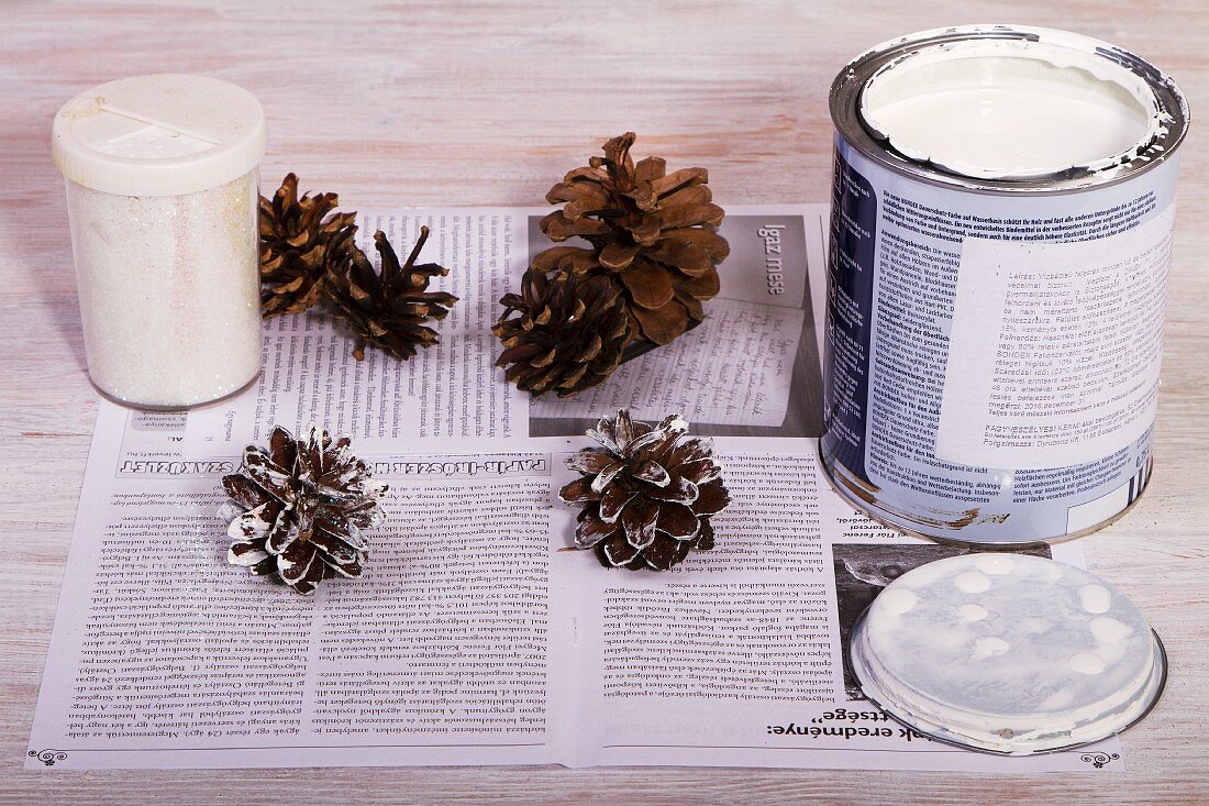 Painting pine cones white (Christmas decoration)