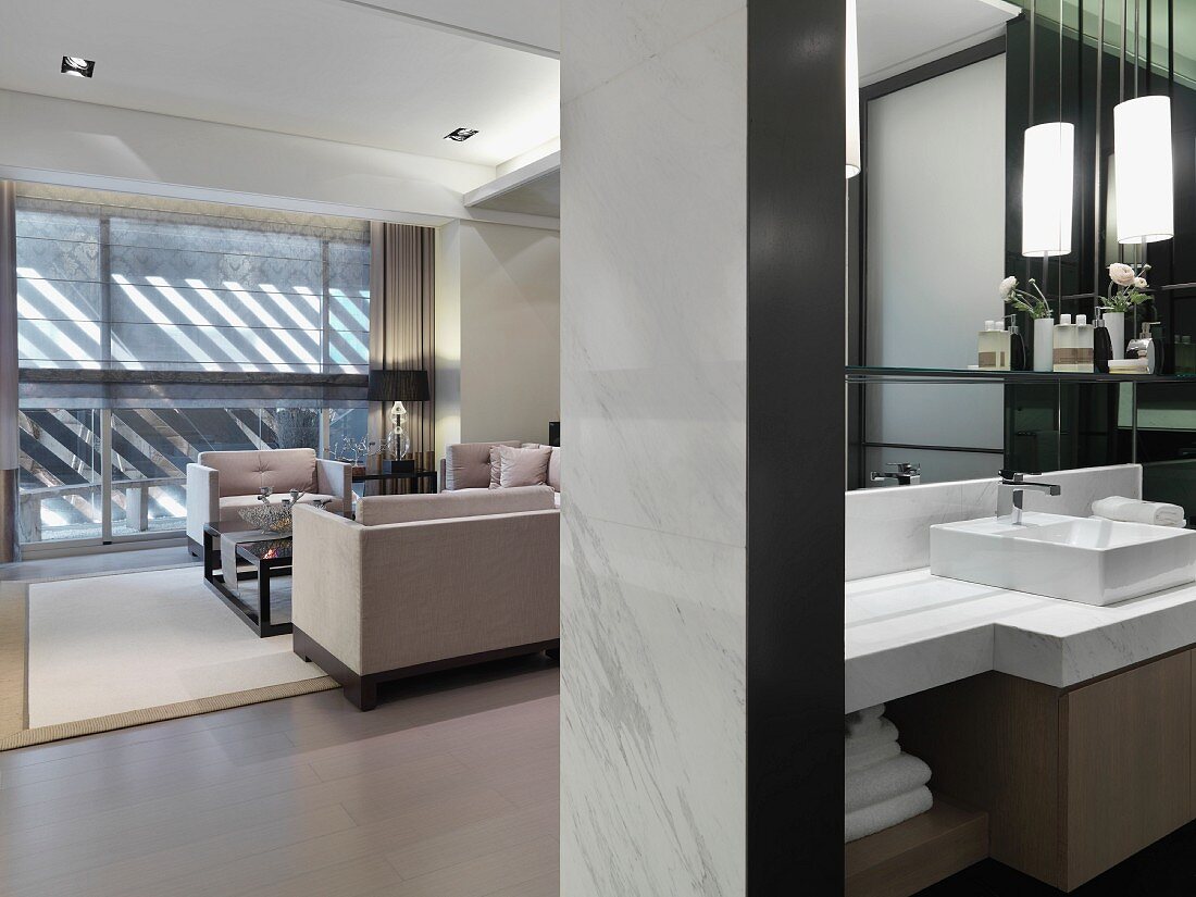 View in living and bathroom in modern home