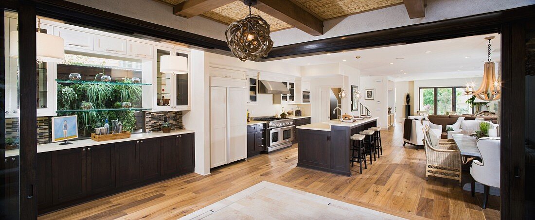 Kitchen dining room and bar area in contemporary home panoramic