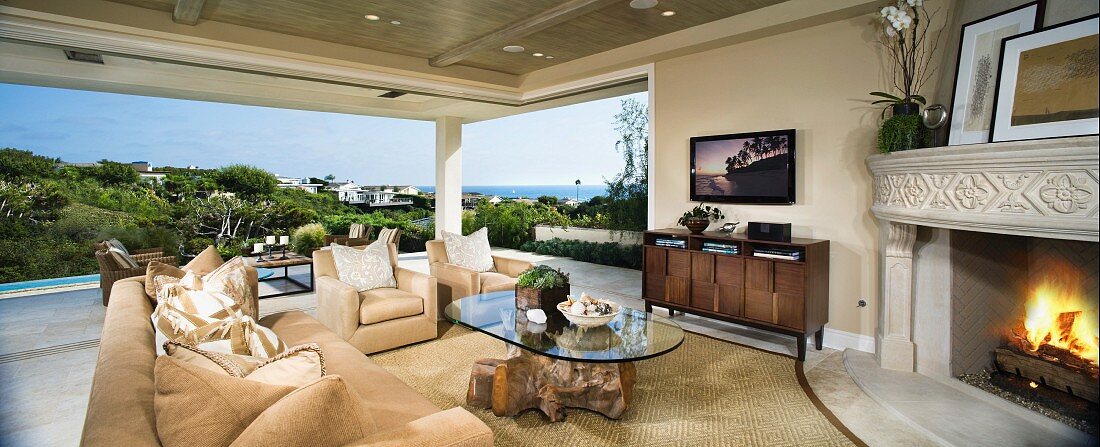 Contemporary living room with view of ocean panoramic
