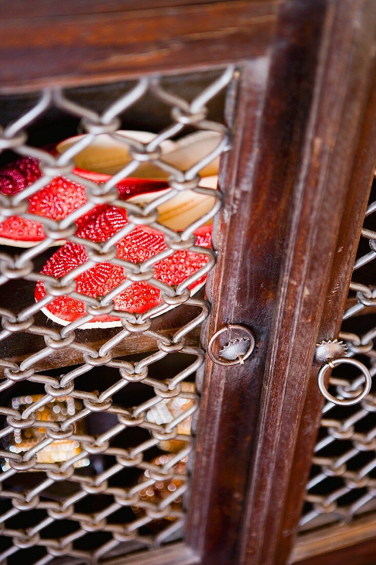 Rote Pantoffeln hinter Holzrahmentüren mit kunstvoll gefertigter Drahtgitter-Füllung
