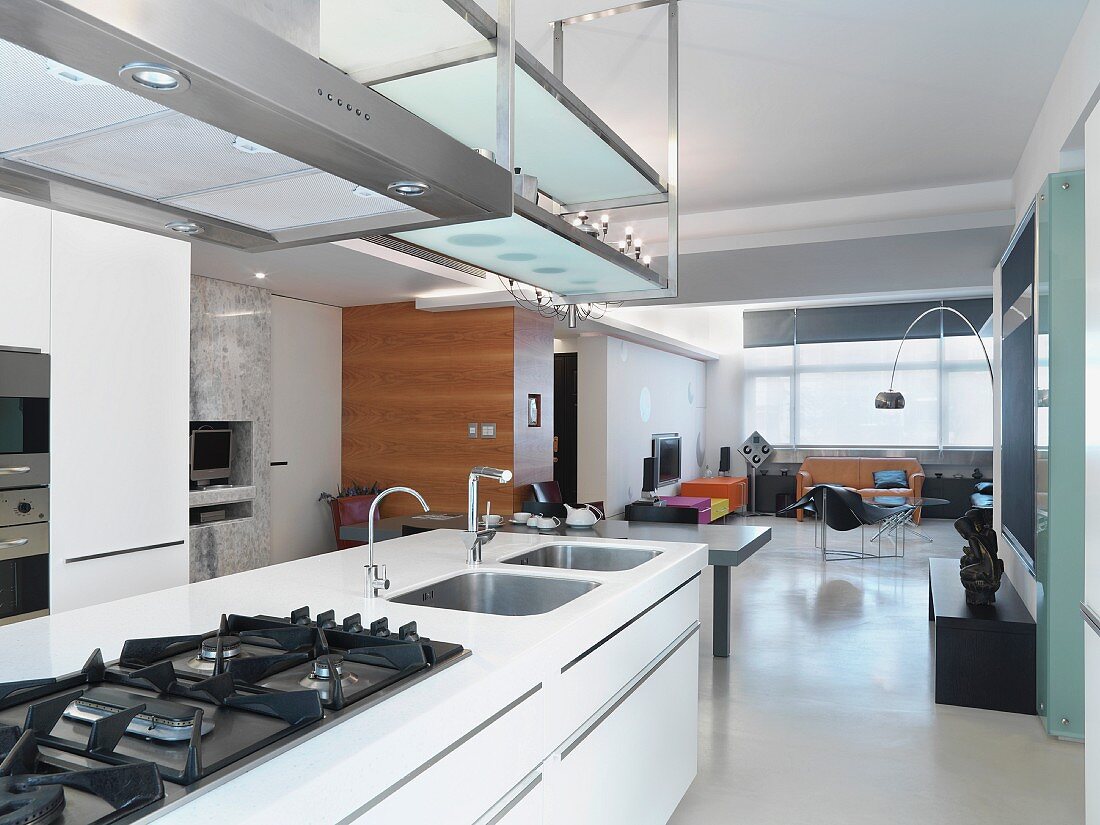 Weisser freistehender Küchenblock unter Dunstabzug und Hängeregal von Decke in offenem Wohnraum