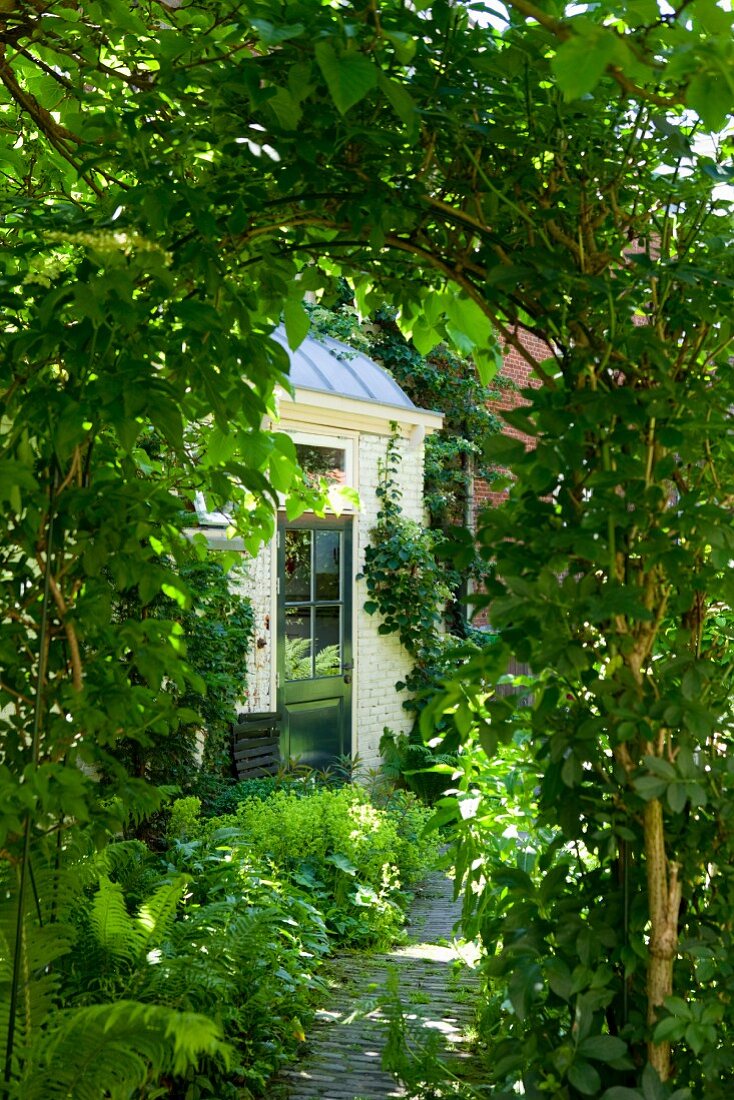 Blick durch Rankbogen im Garten auf traditionelle Wohnhausecke