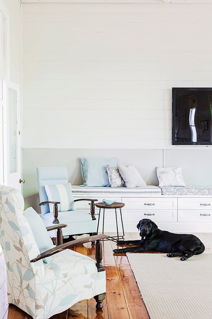 Wohnzimmerecke mit zwei Armlehnsesseln vor Sitzbank mit Schubladen, davor Hund auf Teppich