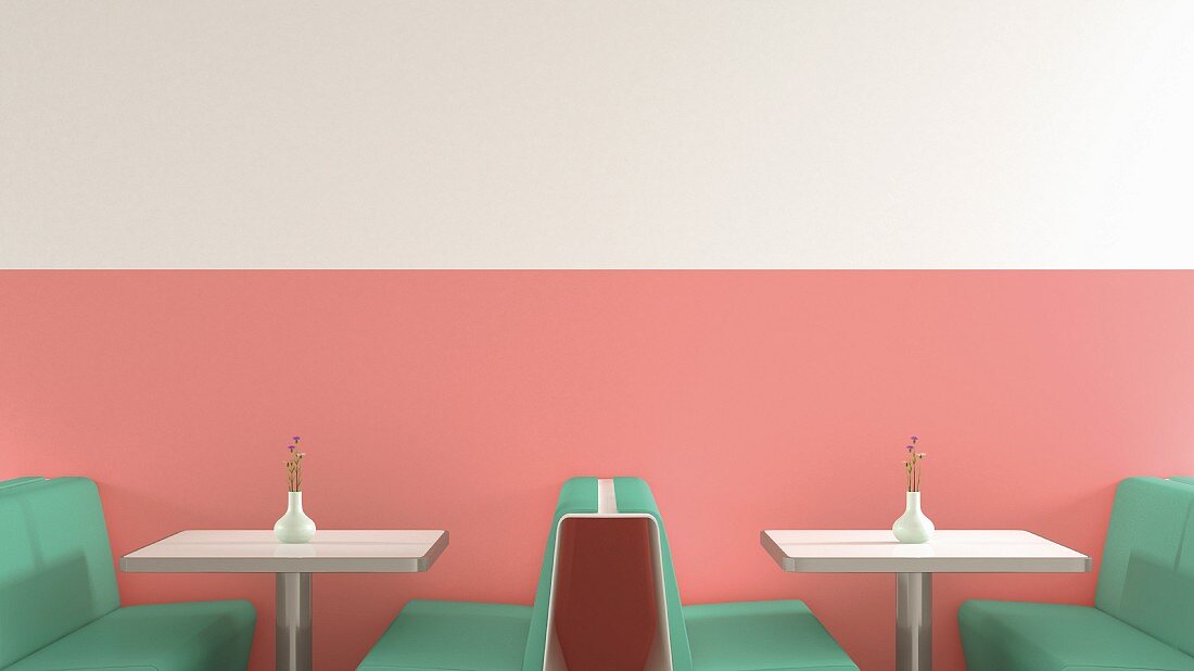 Café im amerikanischen Stil mit grünen Sitzbänken, Metalltischen & rosafarbener Wand