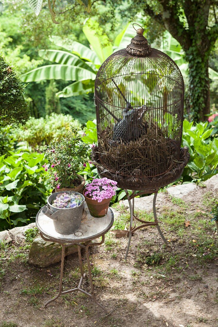 Vintage Vogelkäfig und Blumentöpfe auf Beistelltischen im Garten
