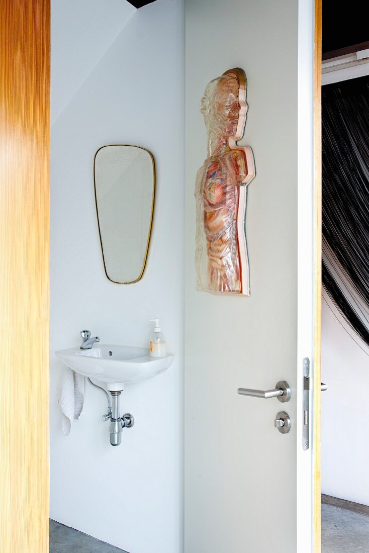 Model of torso on toilet door