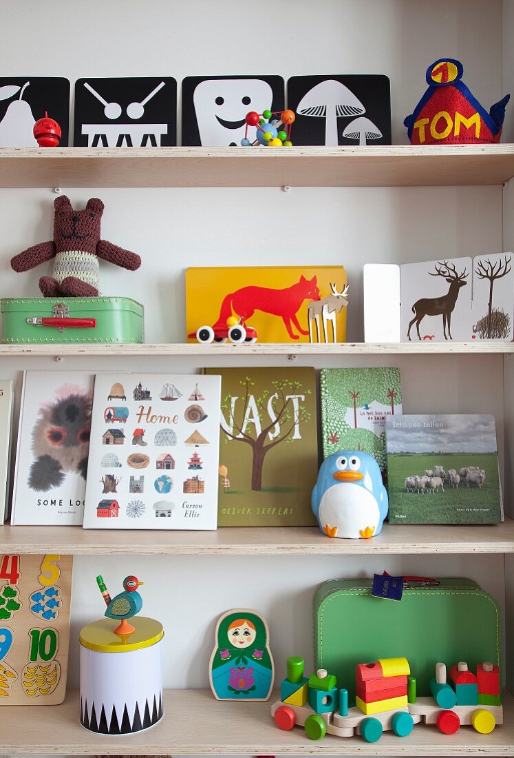 Children's books and toys on shelves