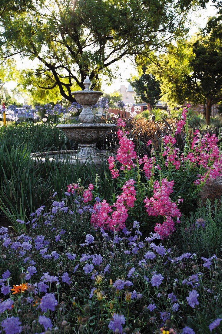 Brunnen in blühendem romantischem Garten