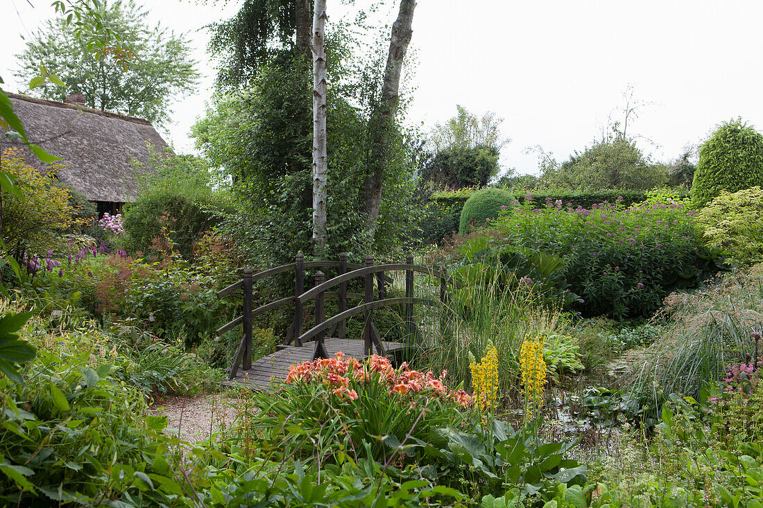 Kleine Holzbrücke mit Geländer zwischen blühenden Stauden und Grünpflanzen in sommerlichem Garten