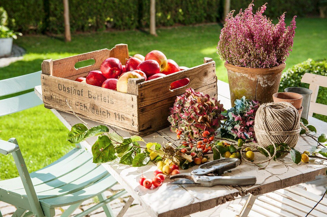 Steige mit frischen Äpfeln, Blumen, Gartenschere und Garnrolle auf Gartentisch