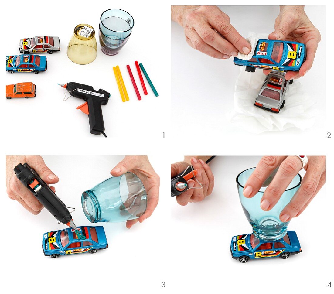Gläser auf Rädern herstellen - Trinkgläser auf Spielzeugautos kleben