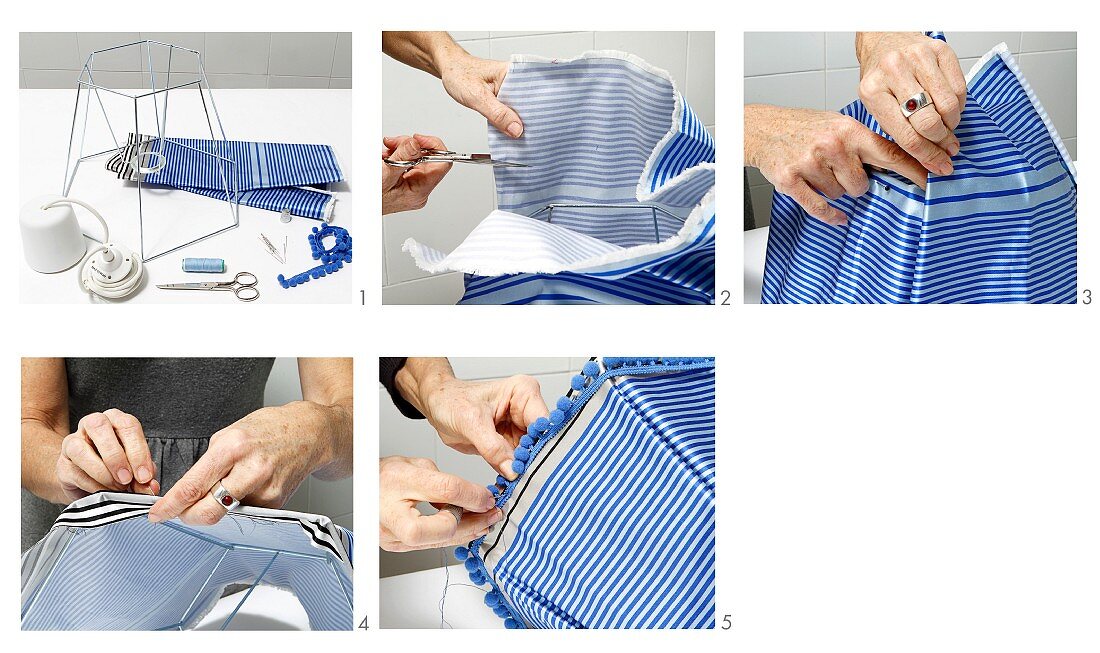 Instructions for making a lampshade from blue and white fabric and pompom trim