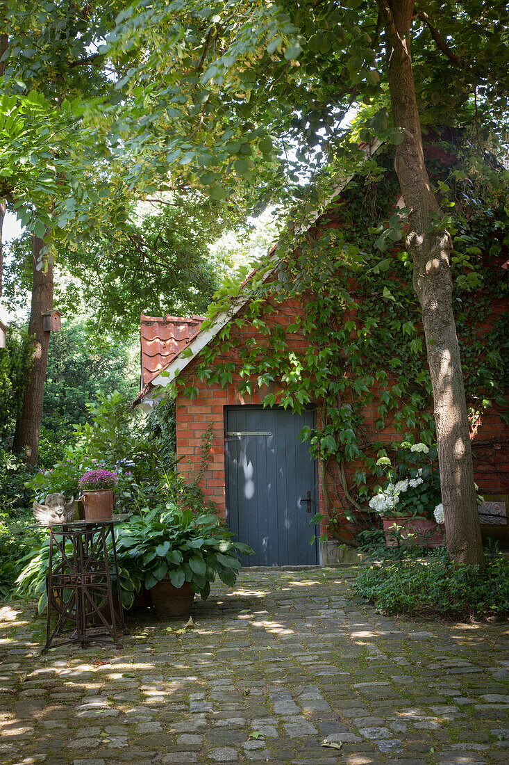 Bewachsenes Backsteinhaus im idyllischen Garten