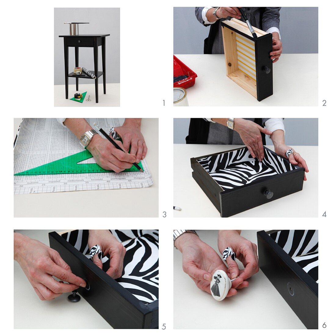 Instructions for refurbishing old drawer by painting it black and lining with zebra-print paper