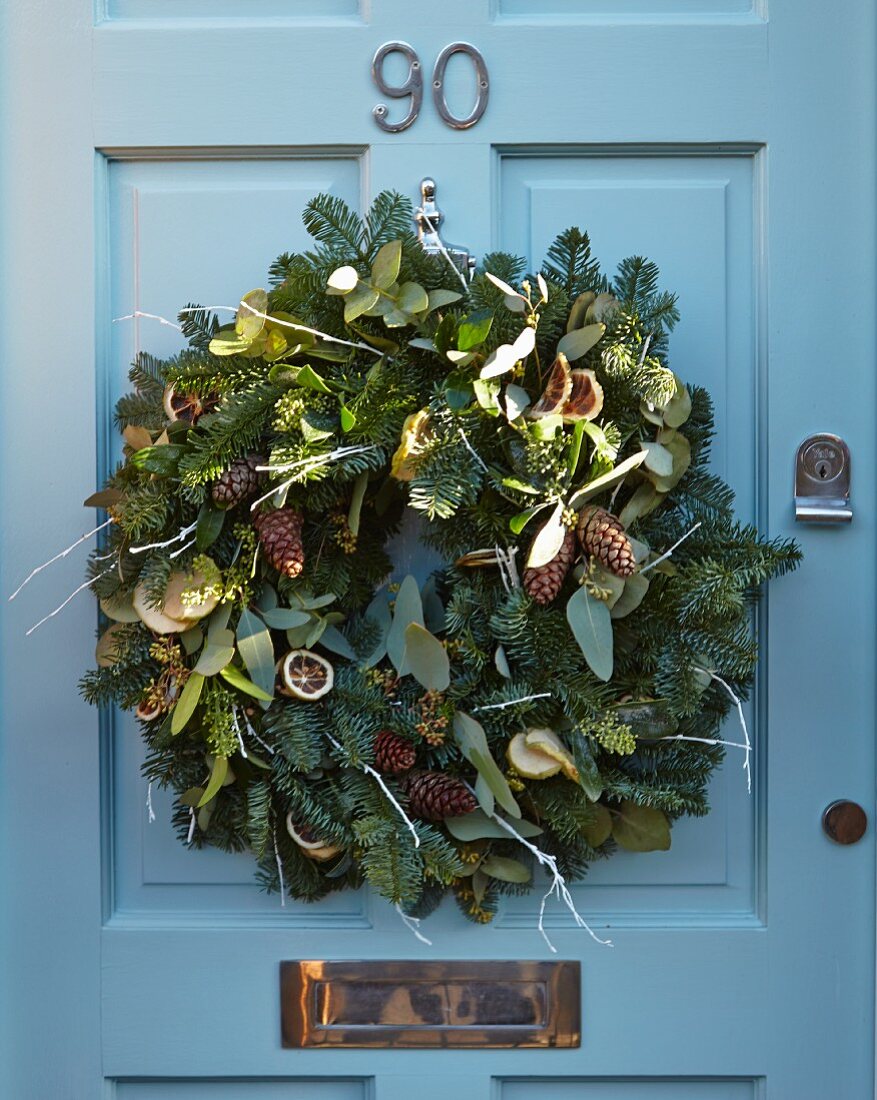Advent wreath on blue front door