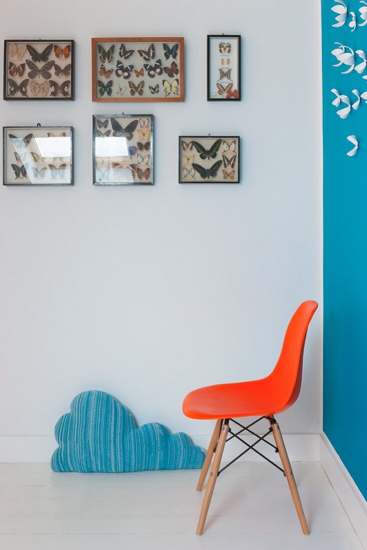 Classic orange shell chair below collection of butterflies in display cases on wall