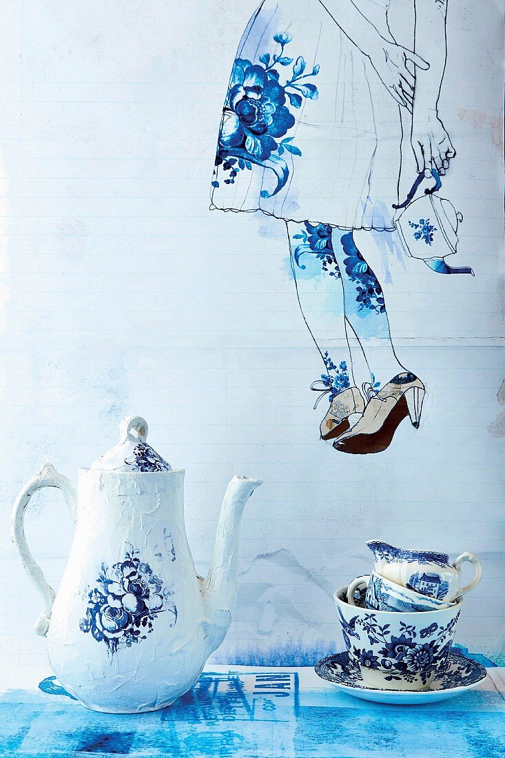 Still-life arrangement of blue and white china tea set