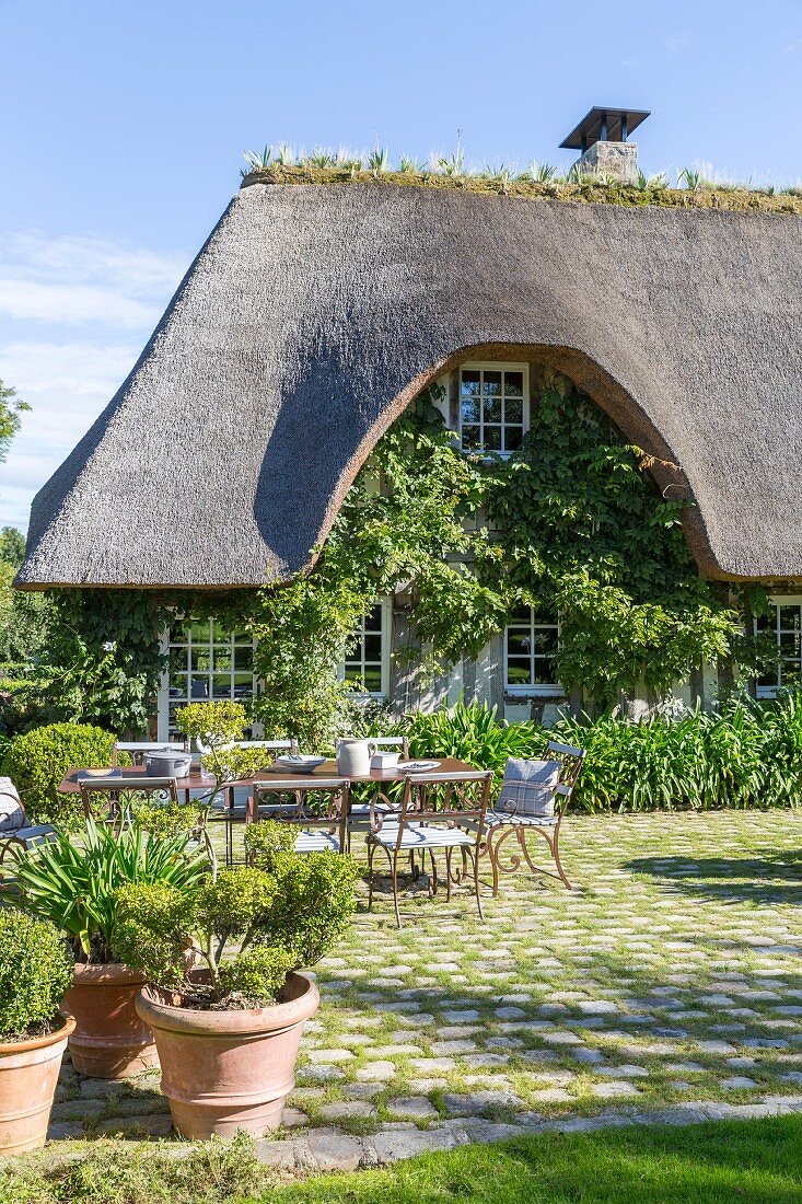 Thatched house and seating area on paved courtyard