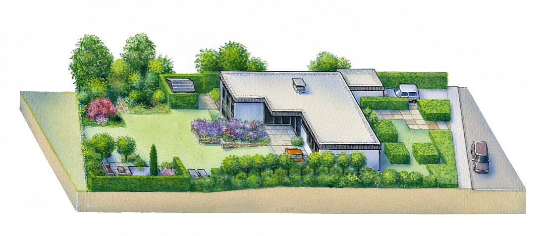 A perspective illustration of a garden with an L-shaped, single storey flat-roof house
