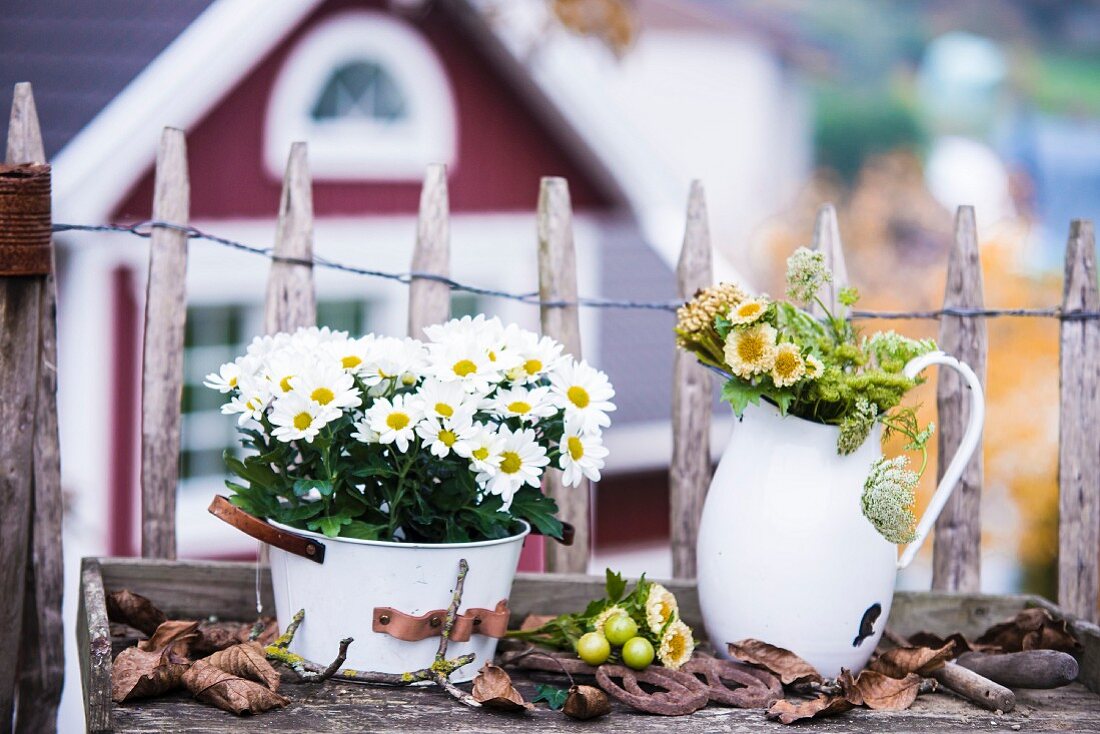 Flowers in bucket and old washstand pitcher in front of paling fence