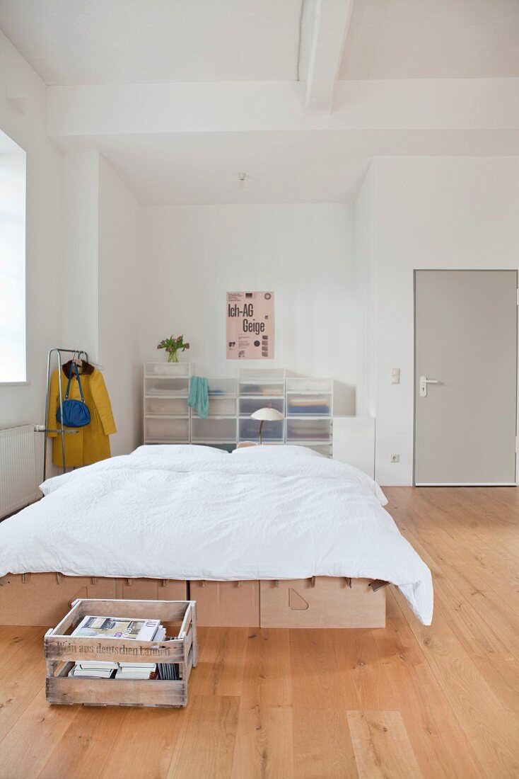 Minimalist bedroom in urban loft apartment