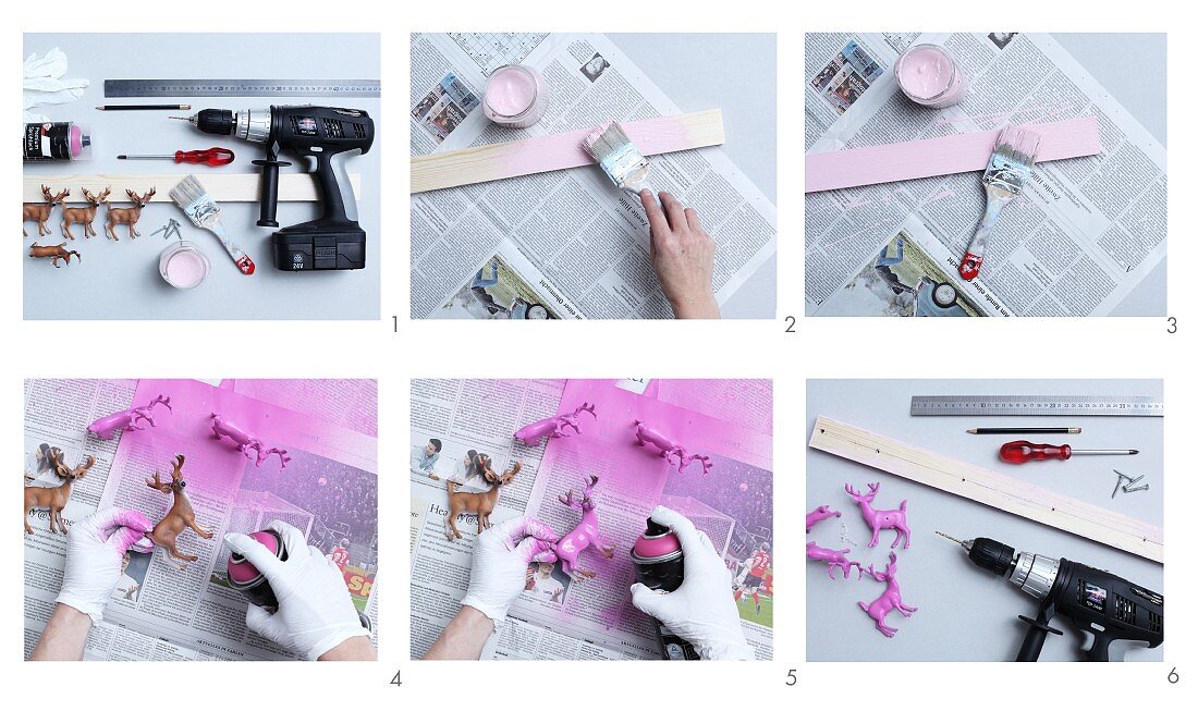 Instructions for making coat rack with pink stag-shaped pegs