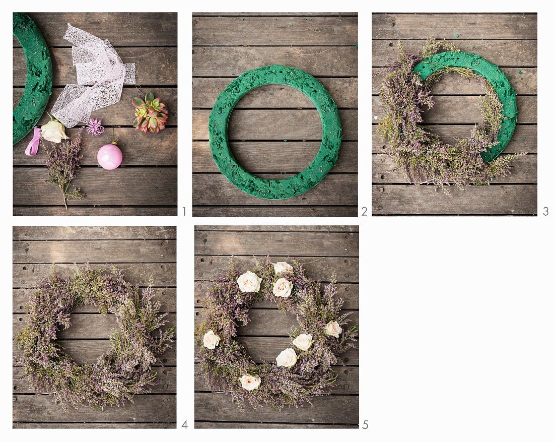 Instructions for making a wreath out of branches, flowers and Christmas baubles