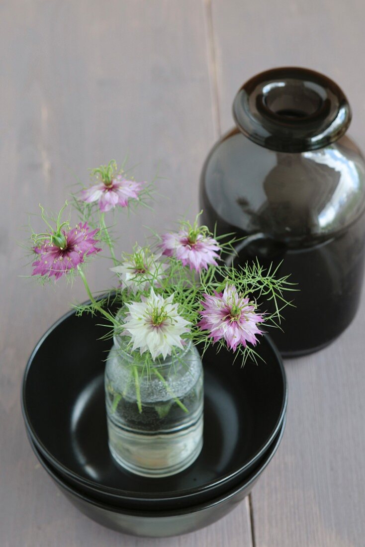 Love-in-a-mist in glass bottle in stack of black bowls next to glass vase on grey-painted wooden surface