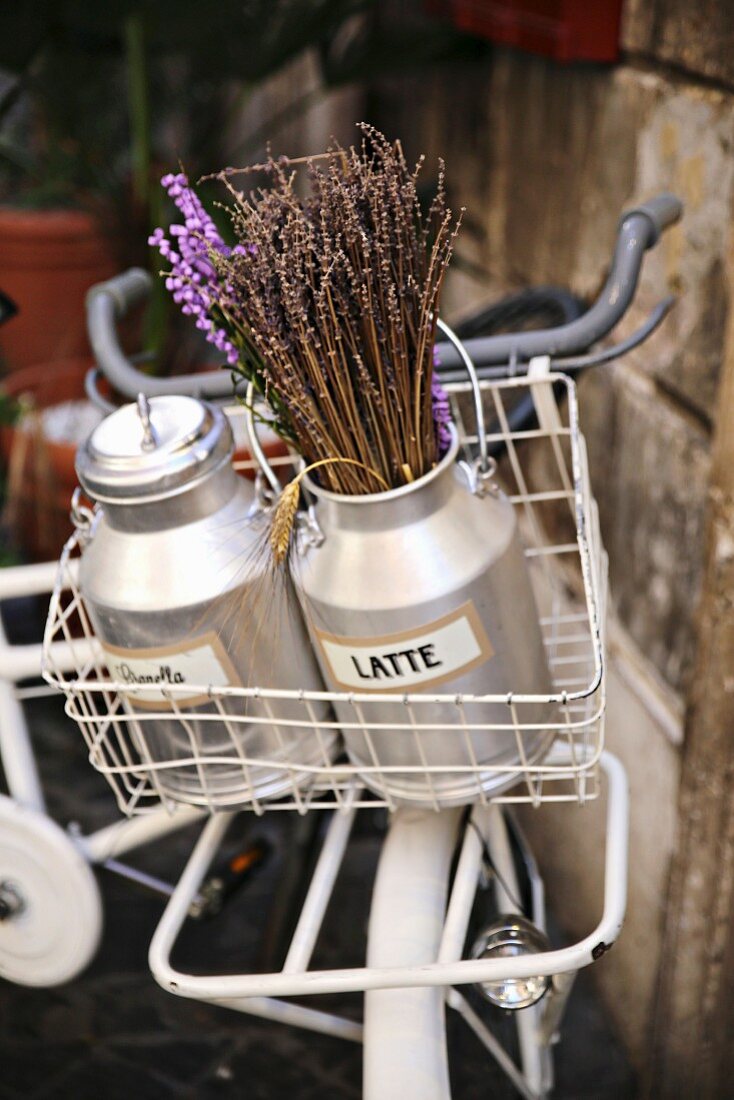Weisses Vintage-Fahrrad mit alten Milchbekannen und Lavendelblüten geschmückt