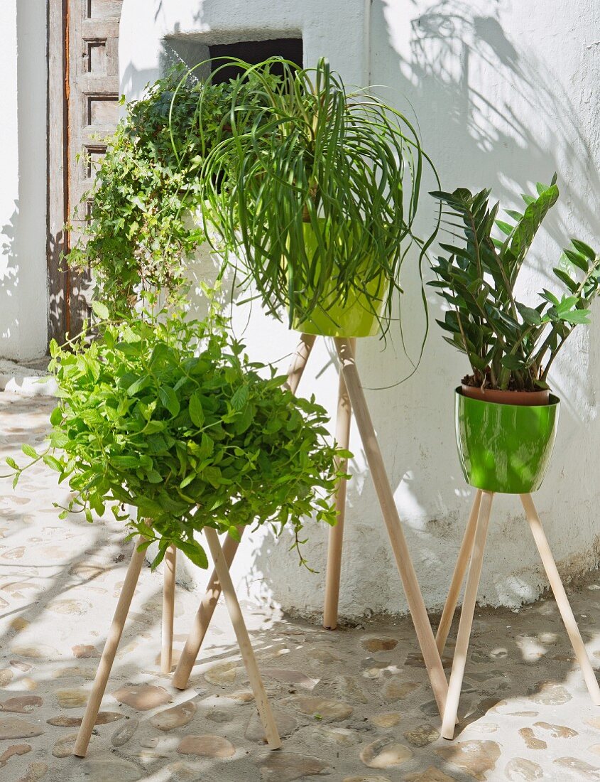 Plant stands hand-made from pots and wooden posts
