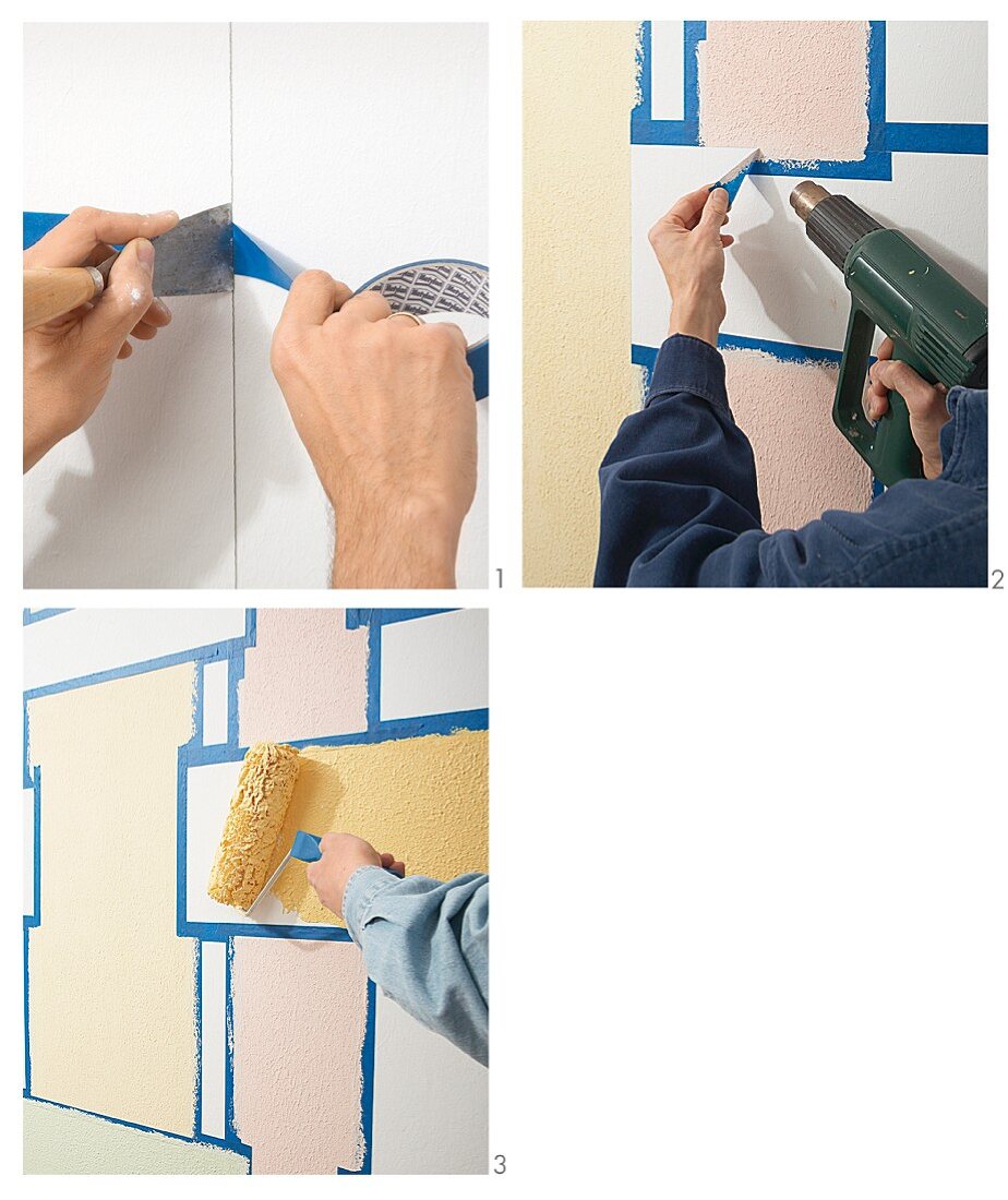 Instructions for decorating a wall with a woven effect using paint and masking tape