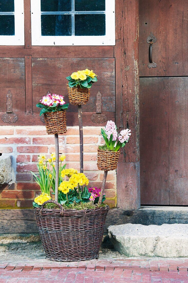 Ländliche Deko vor der Tür mit Frühlingsblumen und Weidenkörben