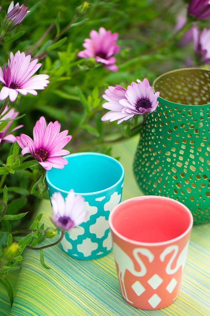 Colourful tealight holders next to purple Cape daisies
