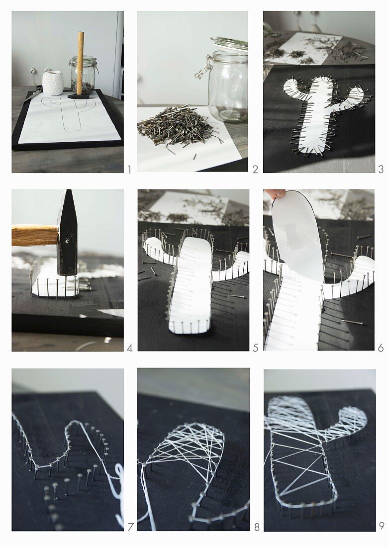 Instructions for making string-art cactus on black background