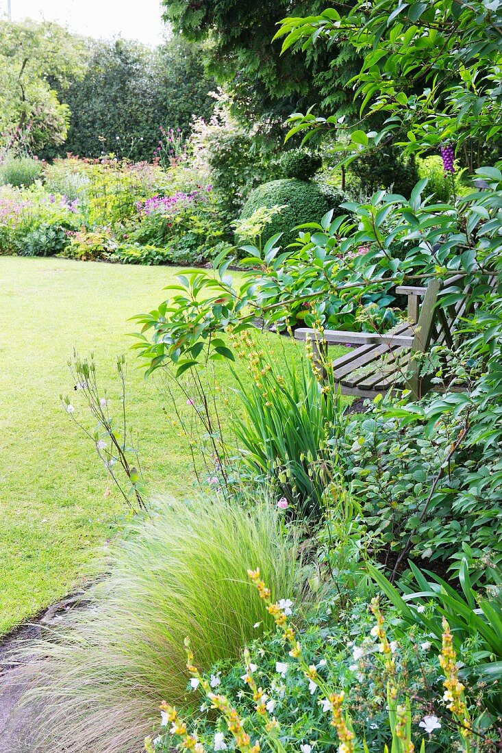 Sommerliche Gartenecke mit blühenden Stauden und verwitterter Holzbank