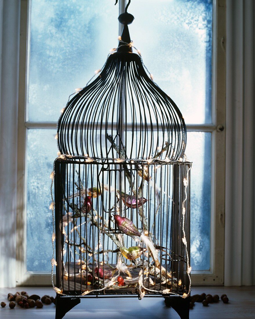 Bird ornaments and fairy lights in vintage-style birdcage